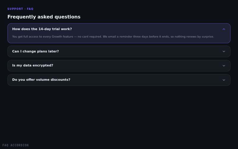 FAQ Accordion — animated component preview
