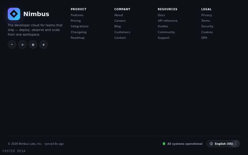 Mega Footer — animated component preview